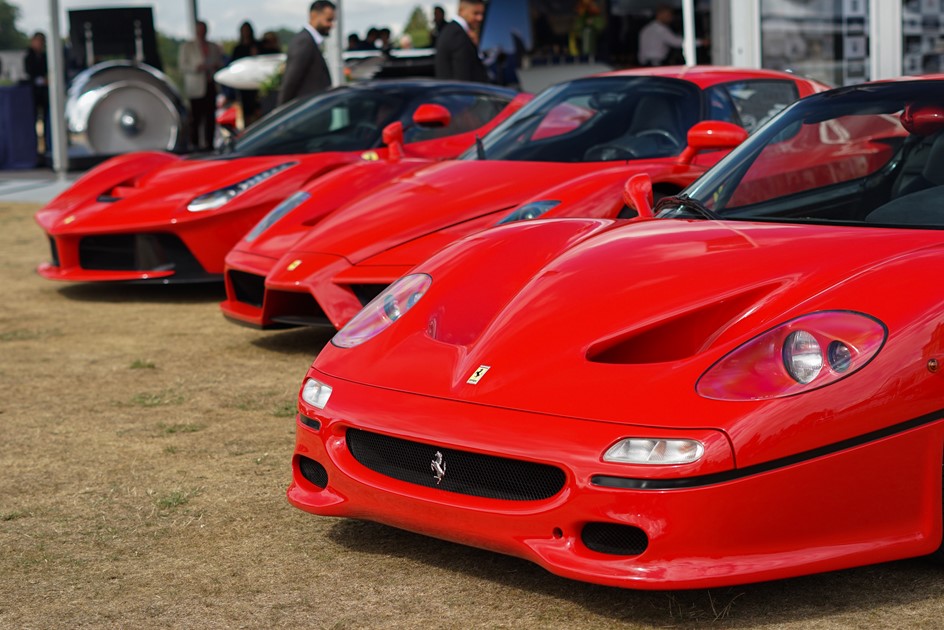 A Ferrari F50, Enzo and LaFerrari making up 3/5 of the big five at Salon Privé